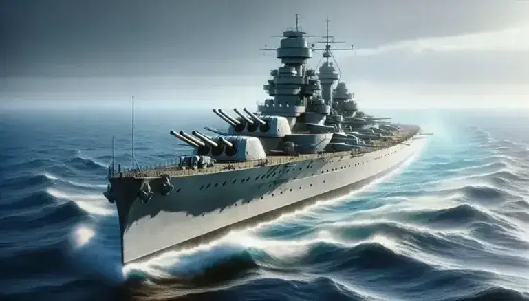 World War II battleship at sea with turrets and naval guns, blue sky with scattered clouds and fighter plane in flight.