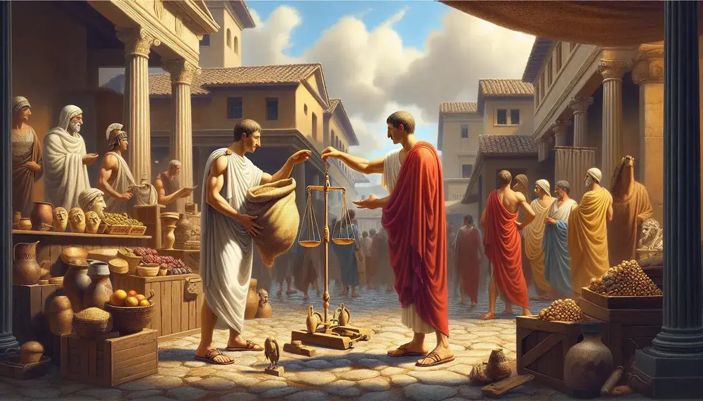 Scena di mercato romano antico con due figure in toga che scambiano merce e bilancia, circondati da banchi con oggetti vari sotto cielo azzurro.