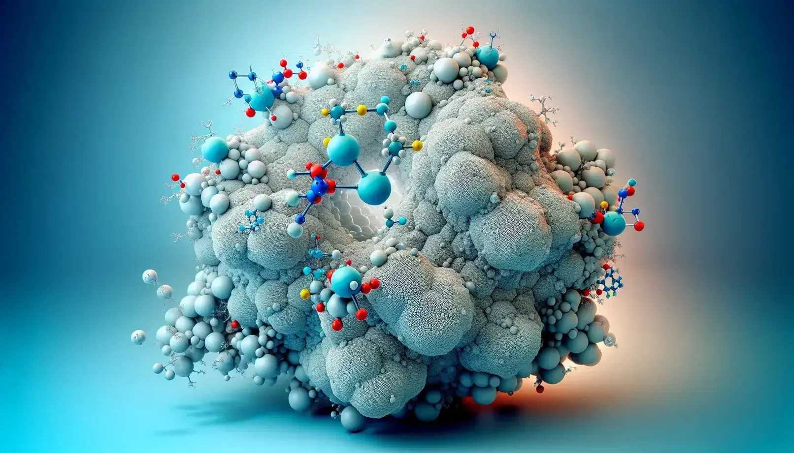 Silver-gray catalyst particle with porous surface and attached colored molecules, in a light blue to white gradient background.