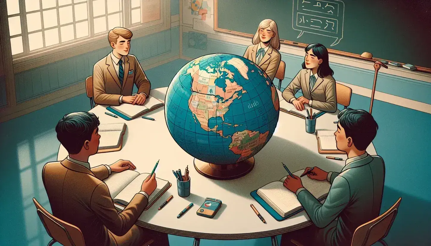 Students engage in a French language study session around a table with a label-free globe, notebooks, and pens, with iconic French landmark posters in the background.