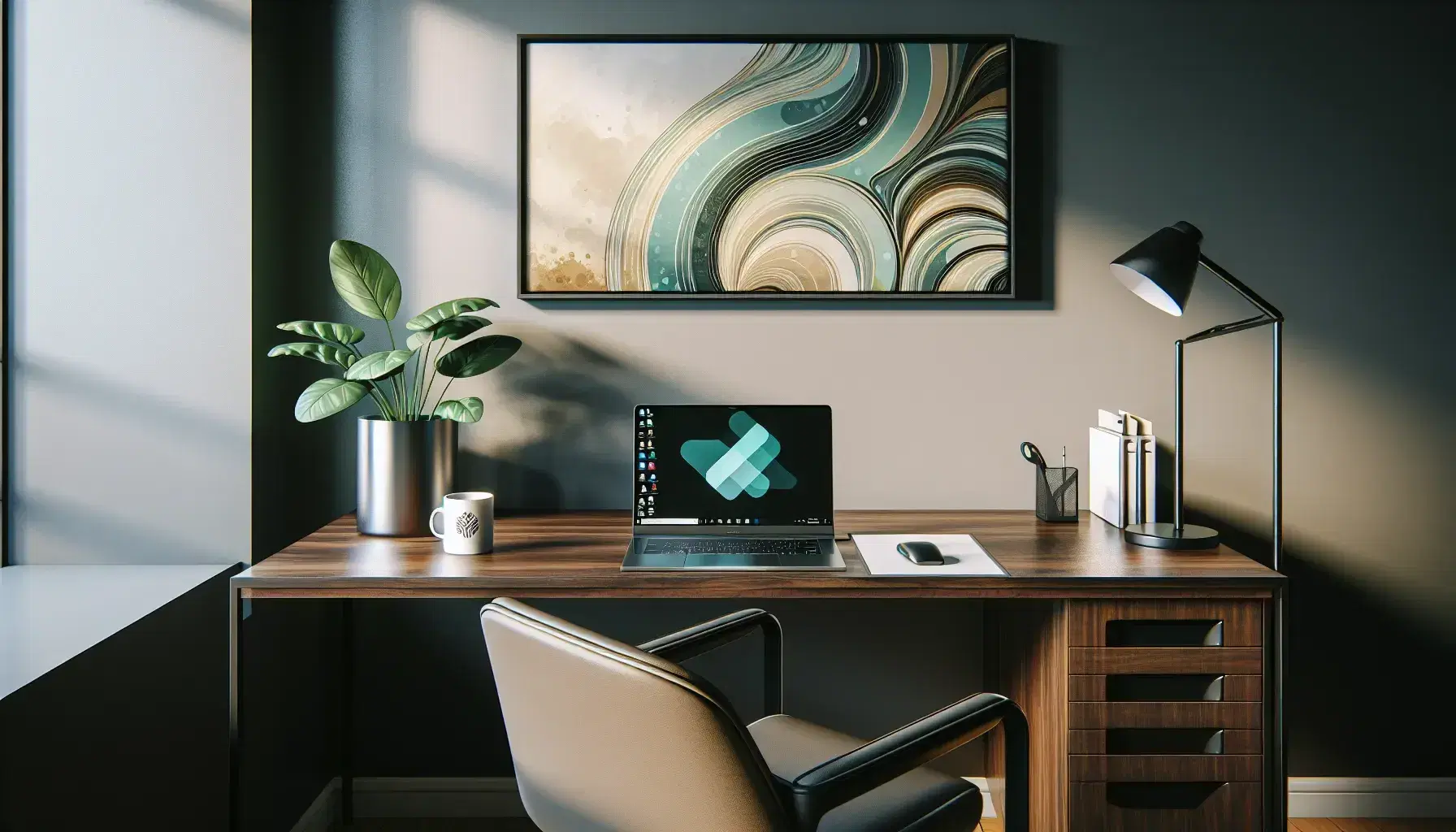 Tidy office with wooden desk, turned on modern laptop, steaming cup of coffee, green plant and gray ergonomic chair.