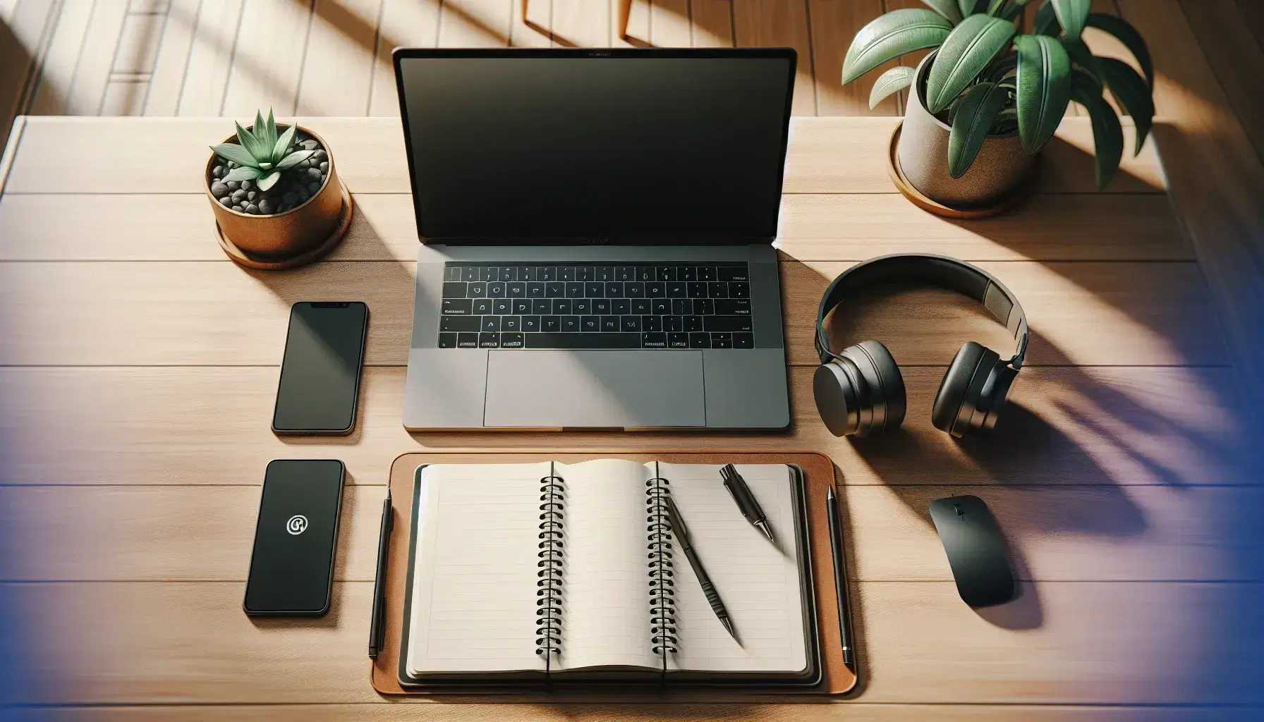 Escritorio de madera claro con portátil abierto, smartphone vertical, auriculares negros, cuaderno espiral y bolígrafo azul, junto a planta verde.