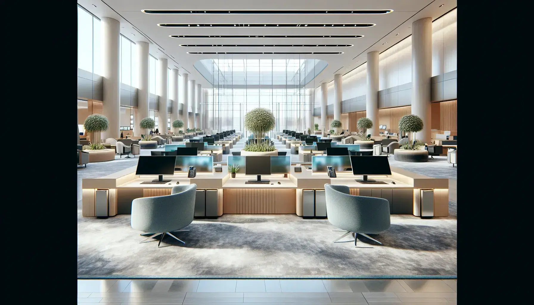 Interior moderno y espacioso de banco con escritorios de madera, sillas ergonómicas, área de espera con sillas azules y mesa de vidrio, grandes ventanas y planta decorativa.