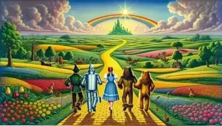 Camino de ladrillos amarillos con niña en vestido azul, hombre de hojalata, león y espantapájaros, arcoíris y ciudad esmeralda al fondo.