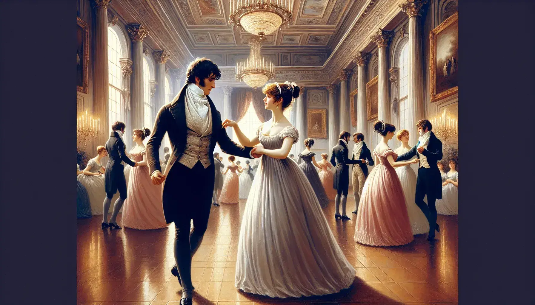Regency-era ballroom with couples dancing in period attire, man in tailcoat and woman in empire-line gown, under chandeliers in an ornate setting.