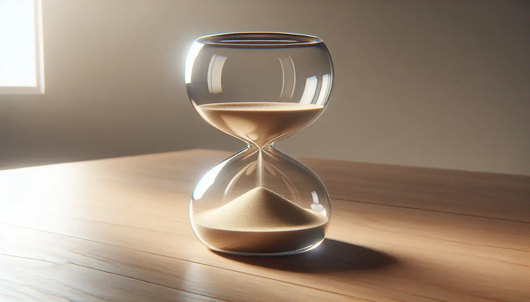 Reloj de arena de vidrio transparente con arena dorada fluyendo y formando montículos sobre superficie lisa y clara, con reflejos suaves y fondo neutro desenfocado.