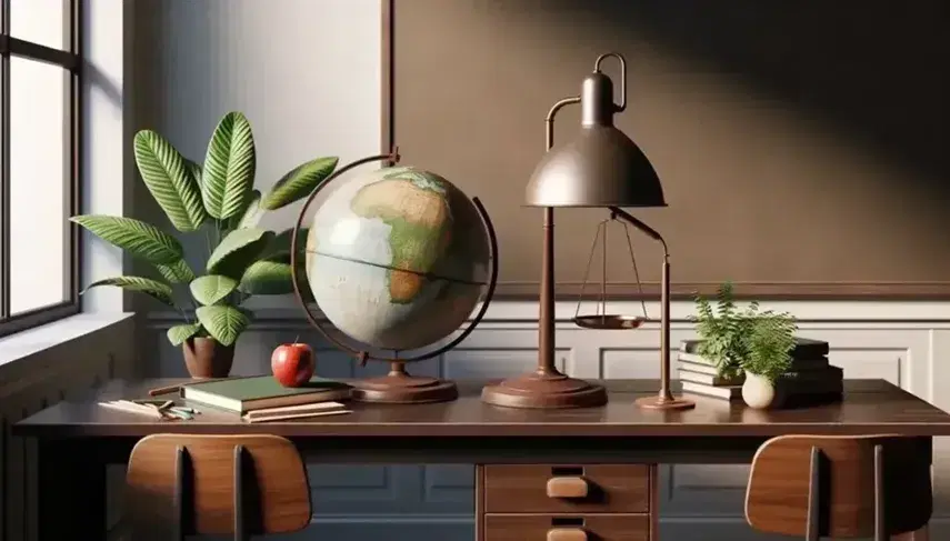 Aula luminosa con tavolo in legno, globo, bilancia con mele in equilibrio, pianta, lampada e sedie di fronte a lavagna.