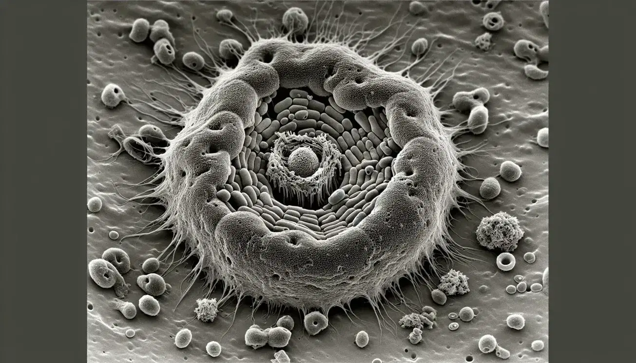 Micrografia elettronica di trasmissione di un nucleo cellulare con nucleolo, cromatina e pori nucleari visibili, circondato da citoplasma con mitocondri e ribosomi.