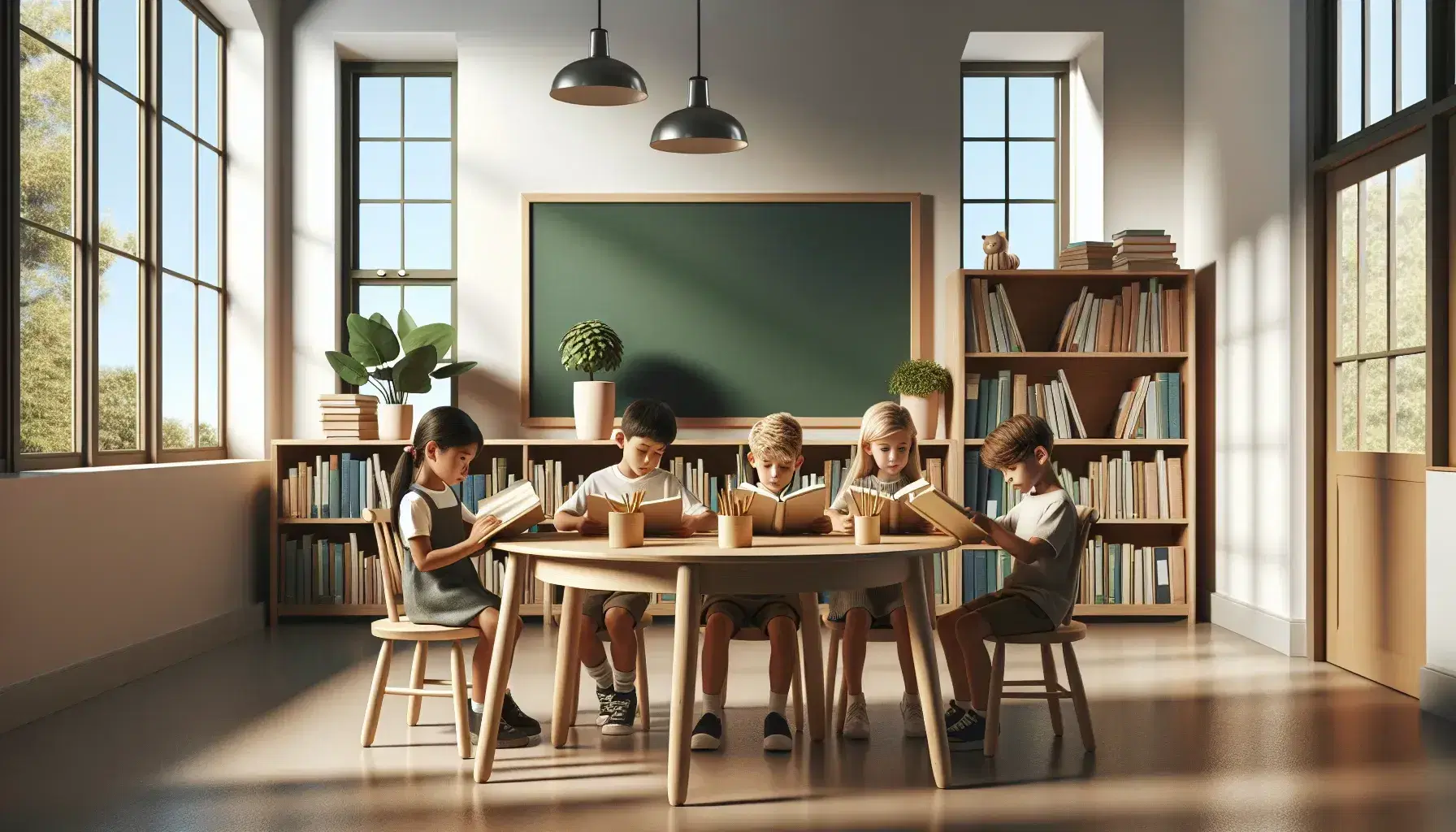 Aula escolar iluminada con niños concentrados leyendo libros en mesa redonda, pizarra verde y estantería llena de libros al fondo.