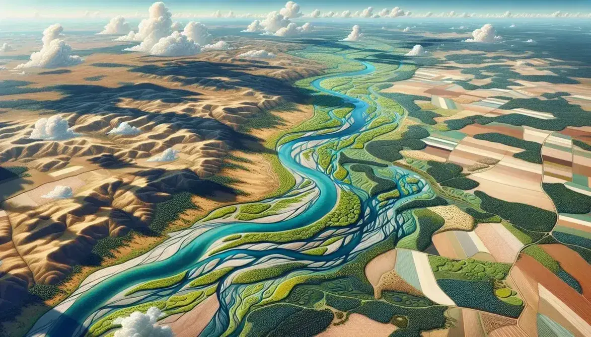 Paesaggio naturale aereo con fiume serpeggiante, vegetazione rigogliosa, colline ondulate e cielo azzurro con nuvole sparse.