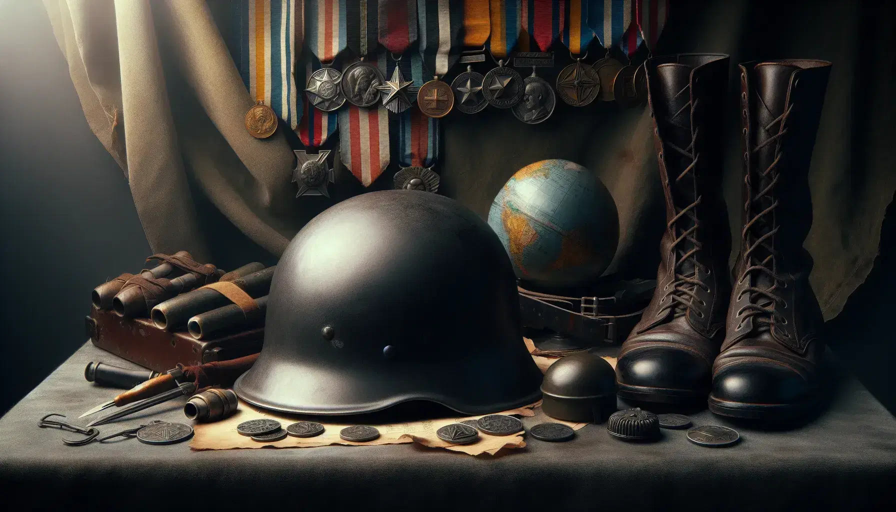 Colección de objetos militares antiguos sobre superficie oscura con casco de los años 30, botas de cuero, medallas y globo terráqueo desgastado.