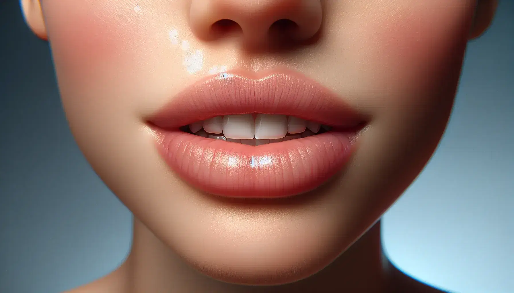Close-up of a person's mouth with slightly parted lips showing white, aligned teeth against a soft blue background, highlighting dental health.