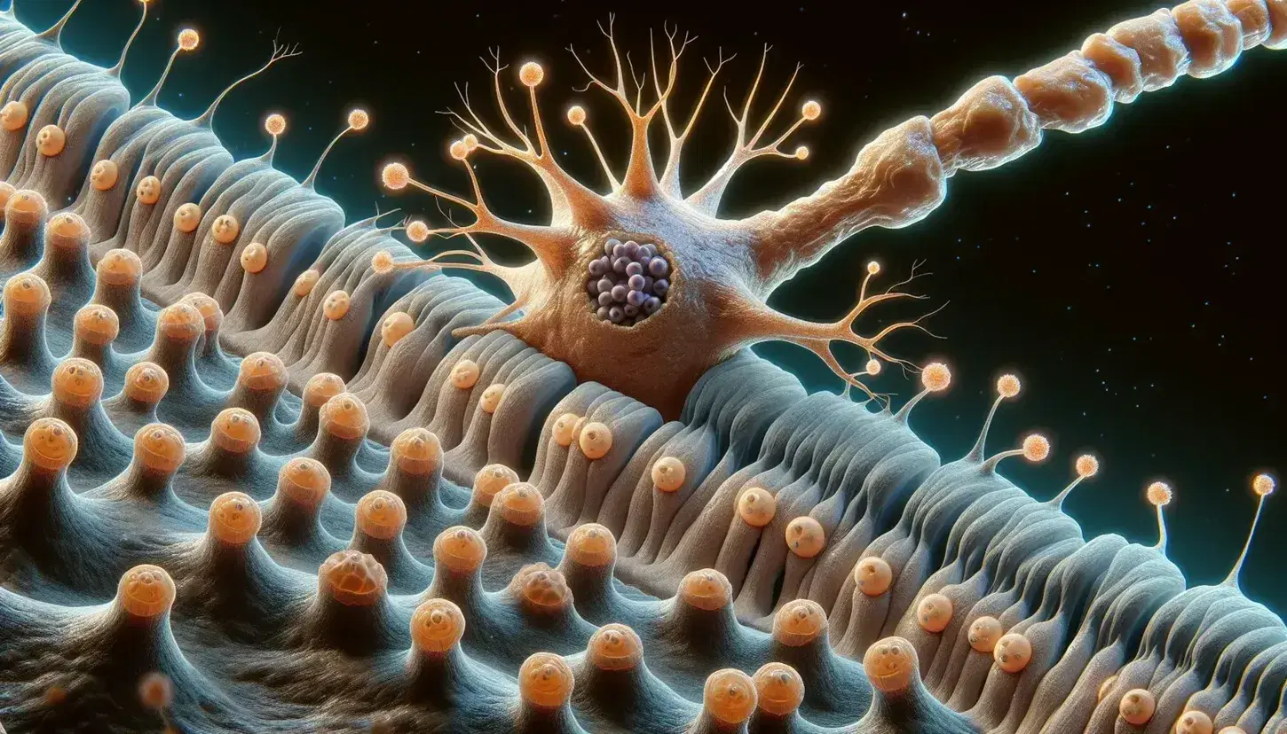 Vista microscópica de una sinapsis neuronal con terminal axonal, vesículas naranjas de neurotransmisores y dendrita receptora con receptores verdes en fondo azul.