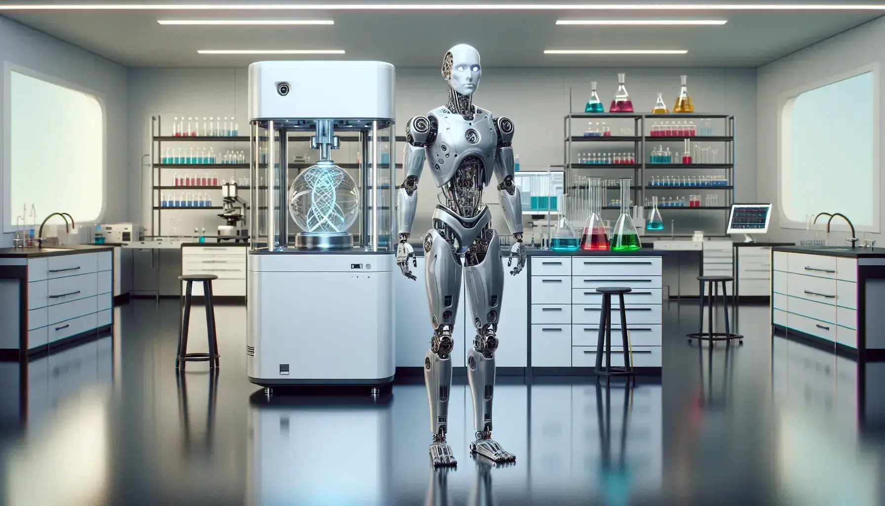 Humanoid robot in modern laboratory with advanced scientific equipment, cylindrical incubator and workbenches with colorful vials.