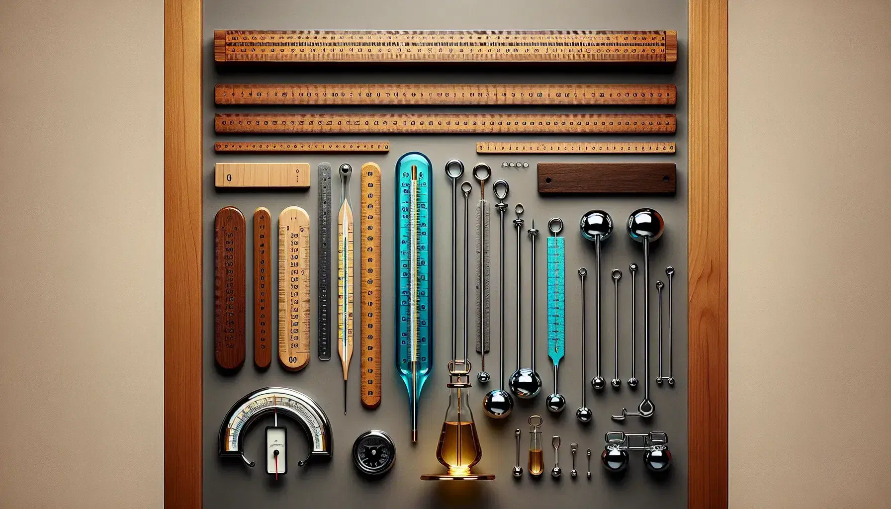 Assorted measurement tools including metric rulers, a mercury thermometer indicating room temperature, and a set of imperial weights on a gray background.