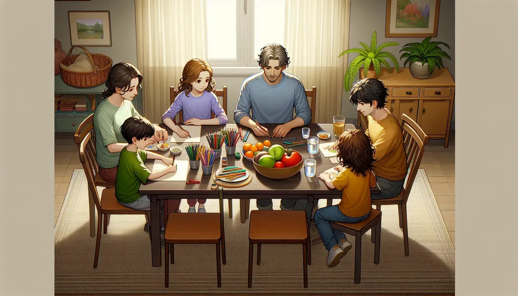 Familia disfrutando de una comida en casa con un hombre y una mujer adultos conversando, dos niños dibujando y platos de comida sobre la mesa.