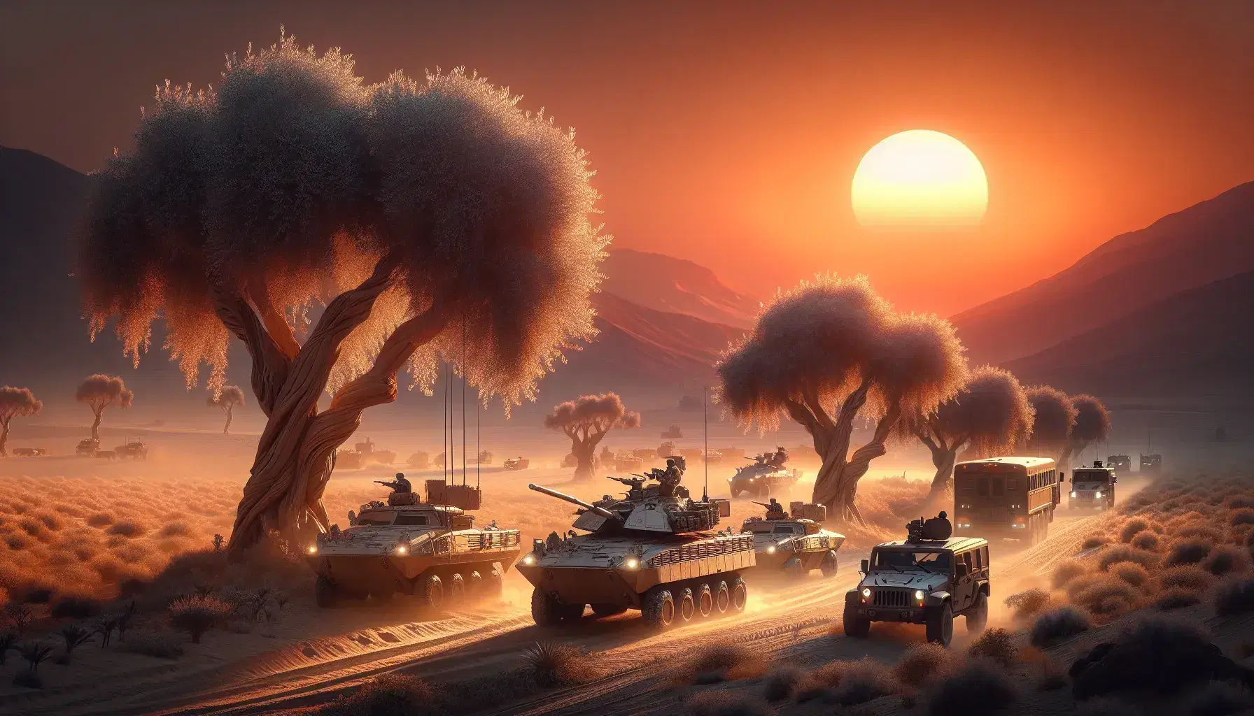 Desert dusk scene with olive trees in the foreground and a military convoy of tanks and jeeps traversing a dusty road against a mountain backdrop.
