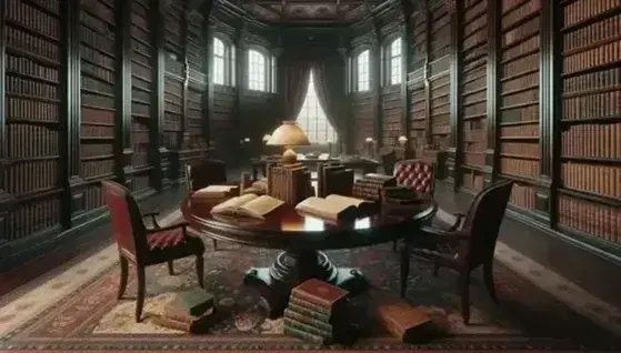 Biblioteca tradizionale con scaffali in legno scuro pieni di libri rilegati, tavolo ovale centrale con libri aperti, sedie imbottite e tappeto persiano.