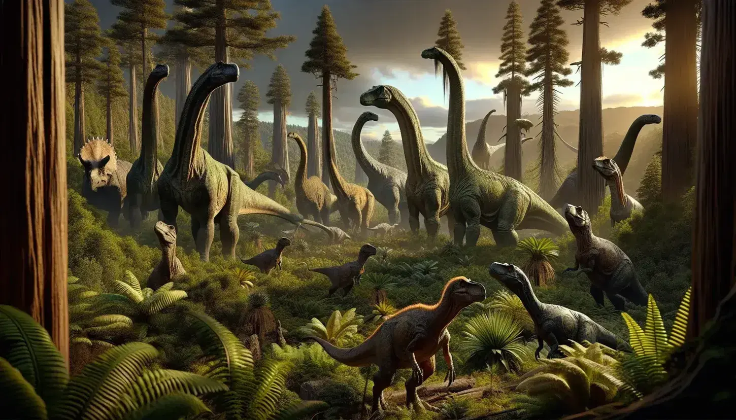 Prehistoric landscape with realistic dinosaur models including Brachiosaurus, Triceratops, and T. rex among lush Mesozoic-era vegetation under a golden late afternoon sky with soaring pterosaurs.