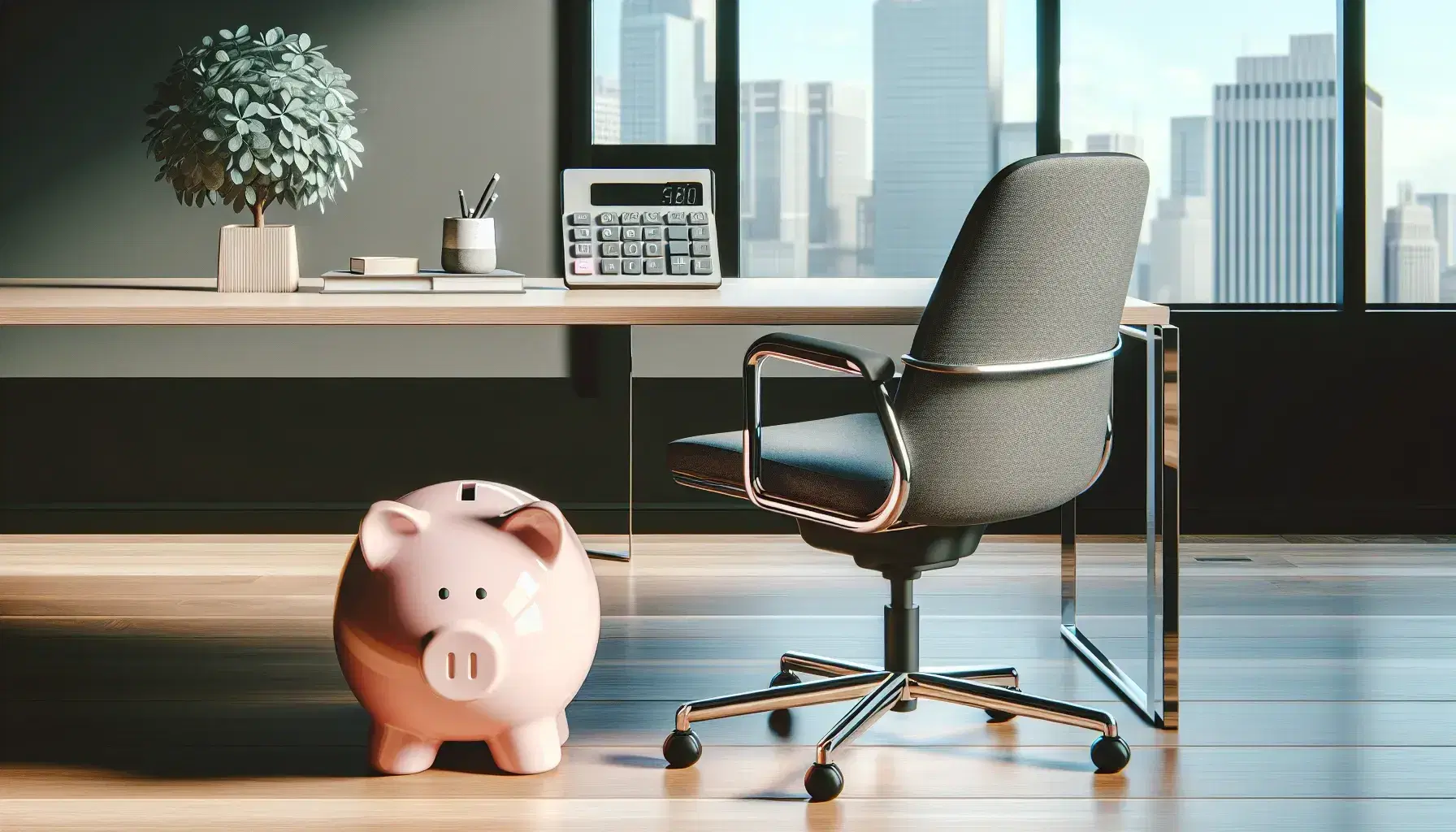 Oficina moderna con mesa de madera, hucha cerámica rosa y calculadora, silla ergonómica y planta verde, con ventana y vista urbana.