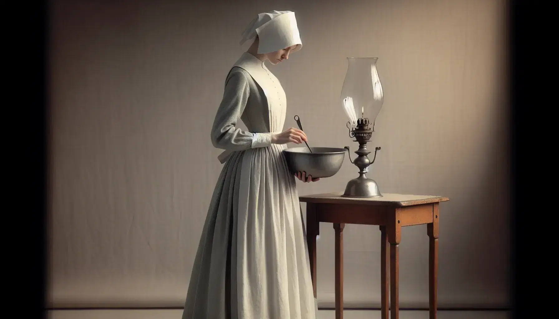 Enfermera del siglo XIX en uniforme tradicional con delantal blanco y cofia, sosteniendo un cuenco metálico y una cuchara, junto a una lámpara de aceite sobre una mesa de madera.