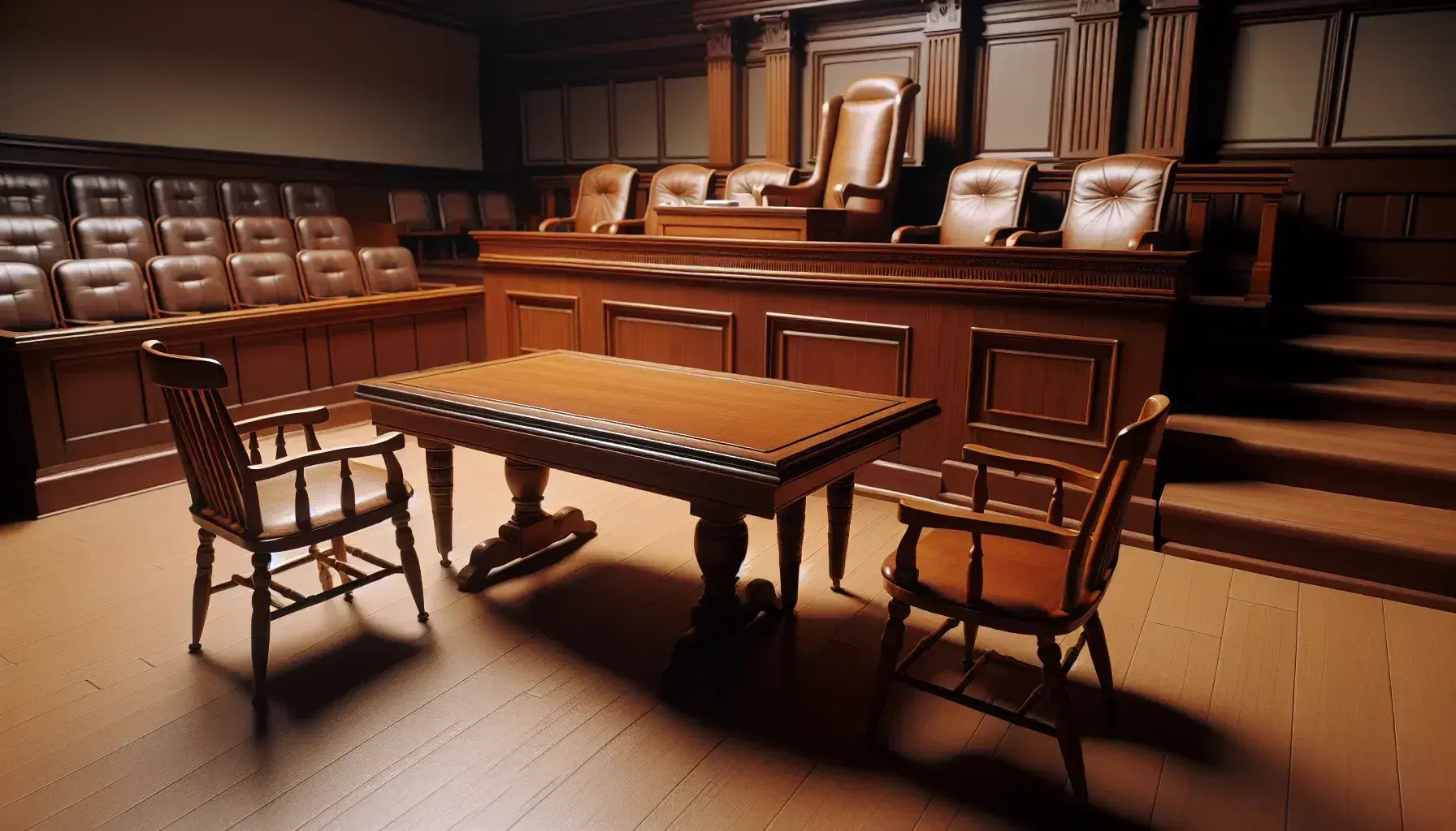 Courtroom with defendant's table, carved judge's bench, witness chair and empty jury, soft lighting, no windows.