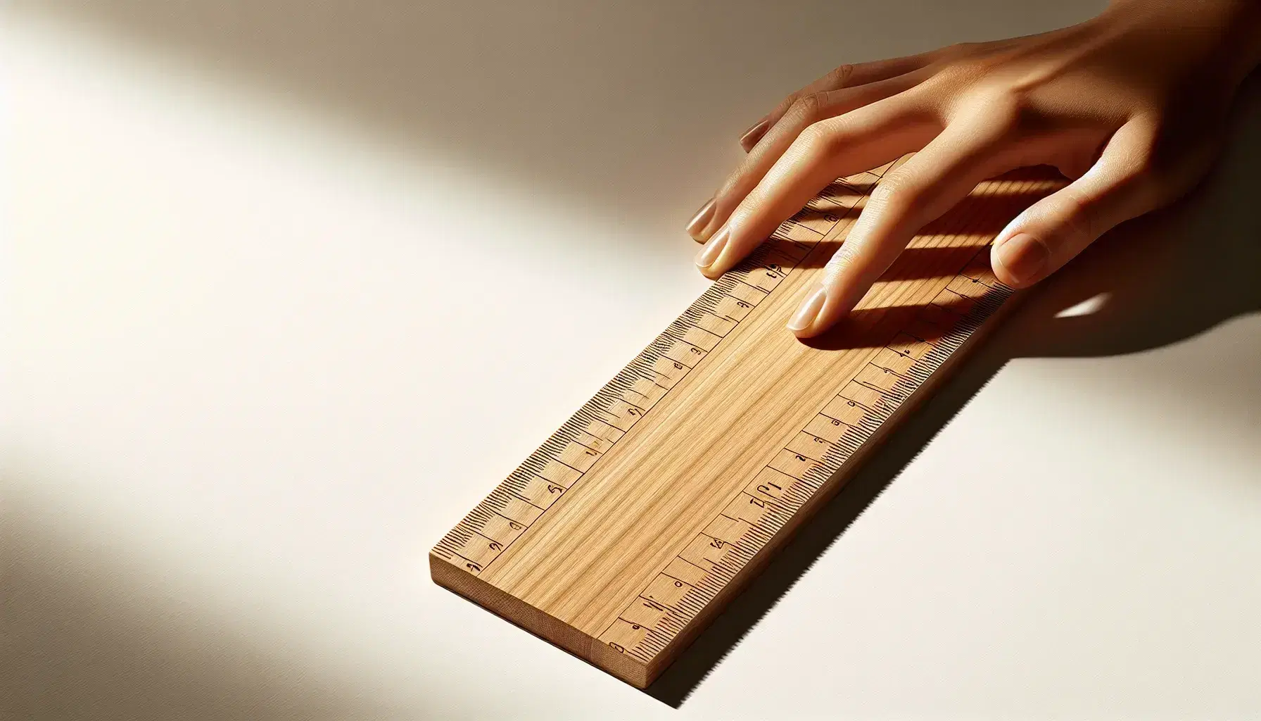 Polished light brown wooden ruler with scale indentations on a white background, softly illuminated from the left, with a hand resting on its edge.