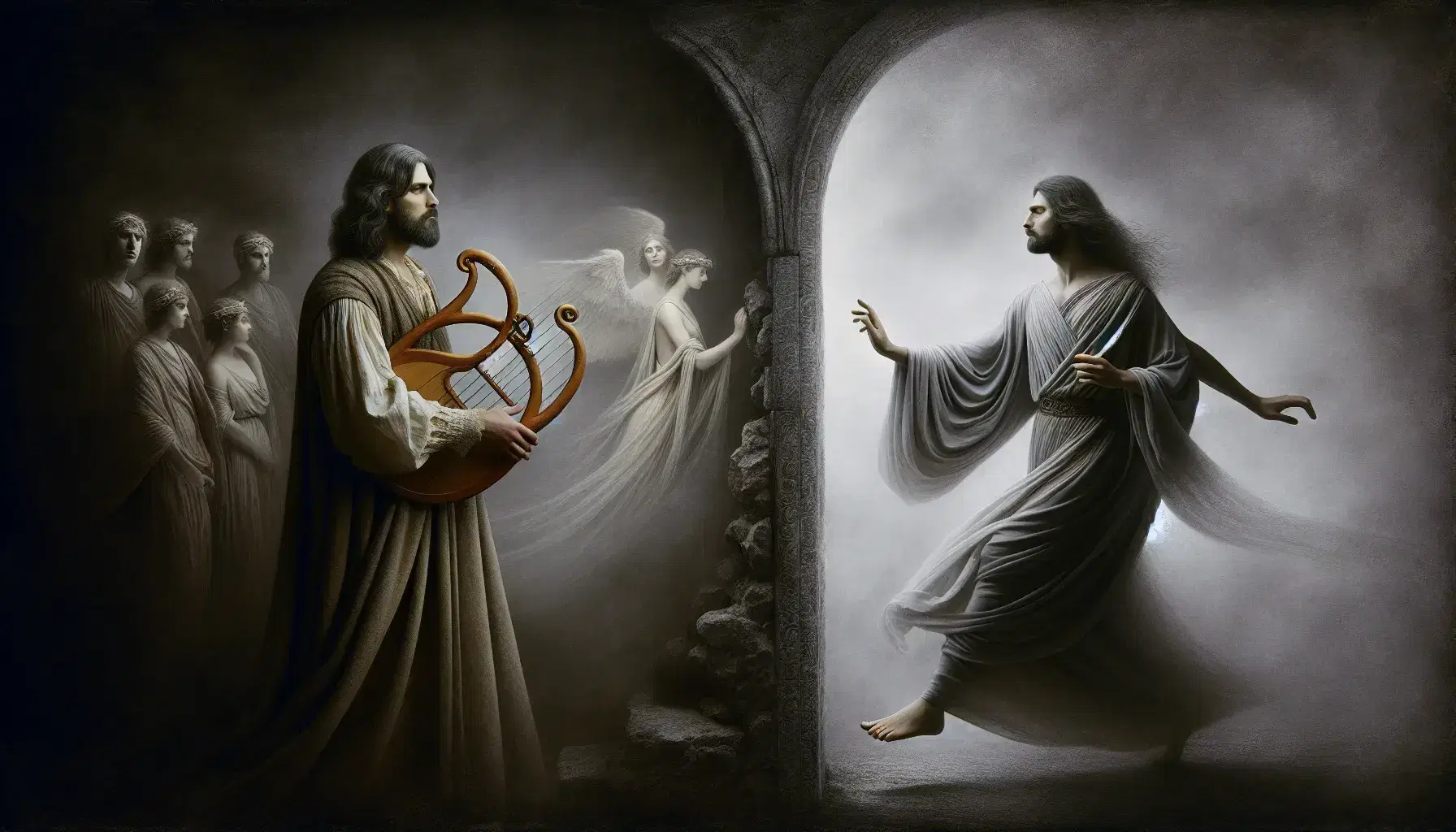 Rappresentazione artistica di Orfeo che suona la lira e Euridice che si allontana verso un portale luminoso in uno sfondo scuro.