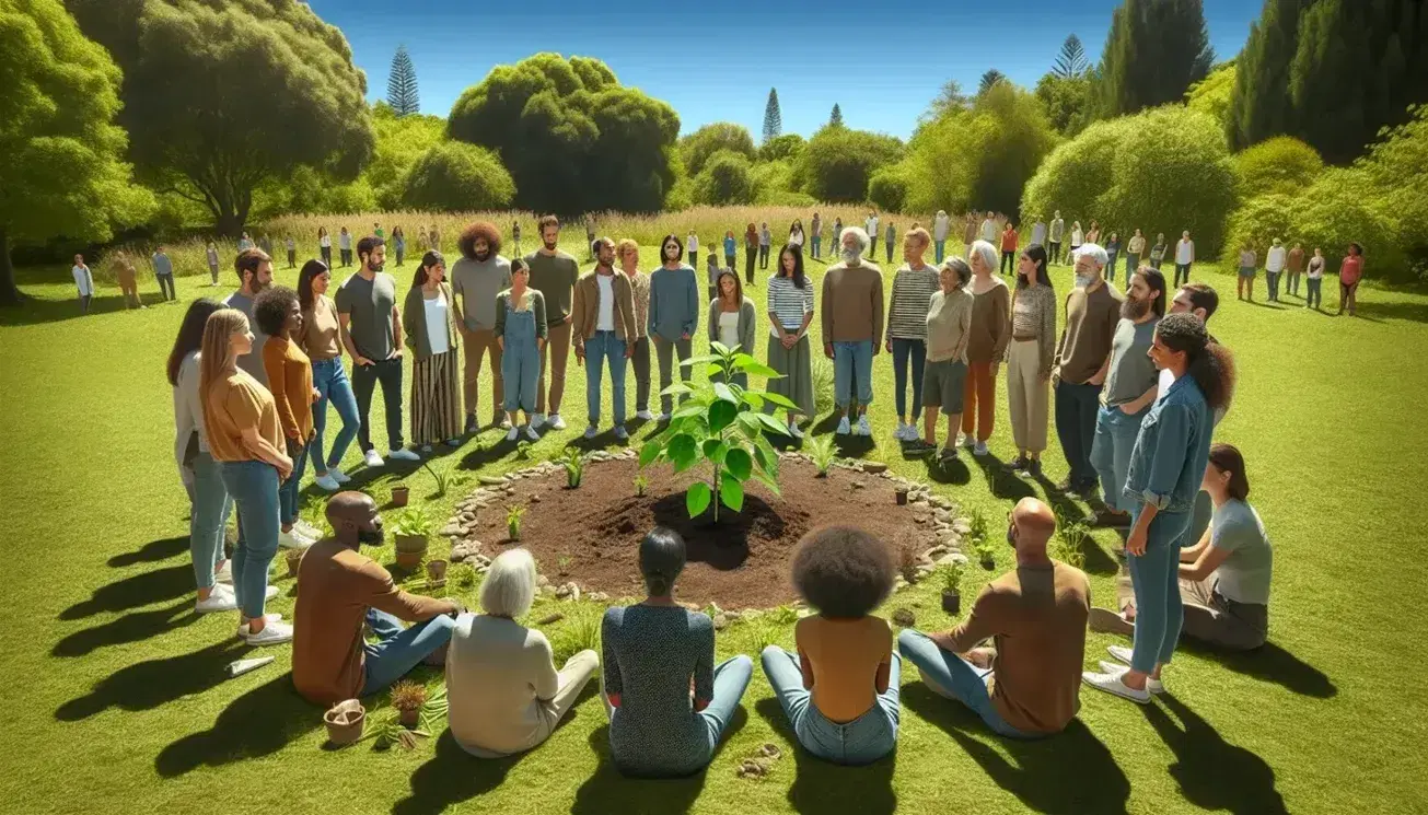 Grupo diverso de personas en un parque formando un círculo alrededor de una planta joven, interactuando pacíficamente bajo un cielo despejado.