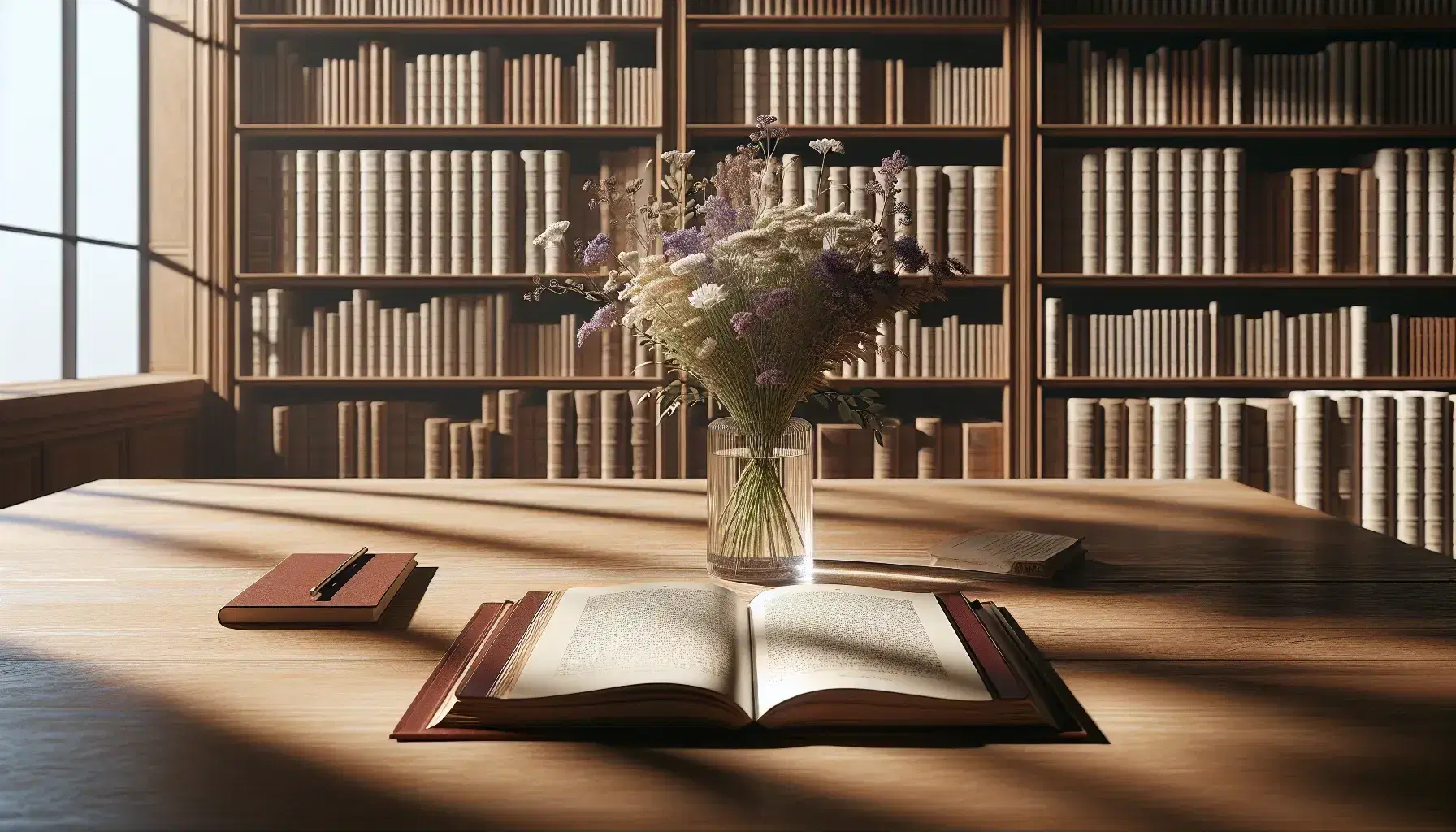 Serene library with polished wooden table, open burgundy hardcover book, and vase of lavender and white flowers, bathed in soft daylight.