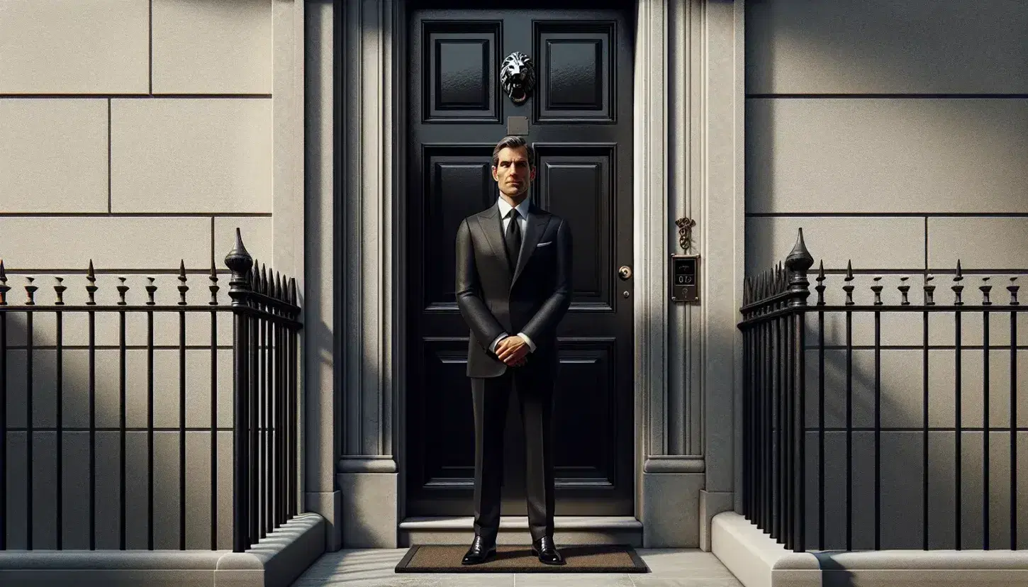 Middle-aged man in suit stands before classic white stone building with lion-head door knocker, under a clear sky with soft shadows.