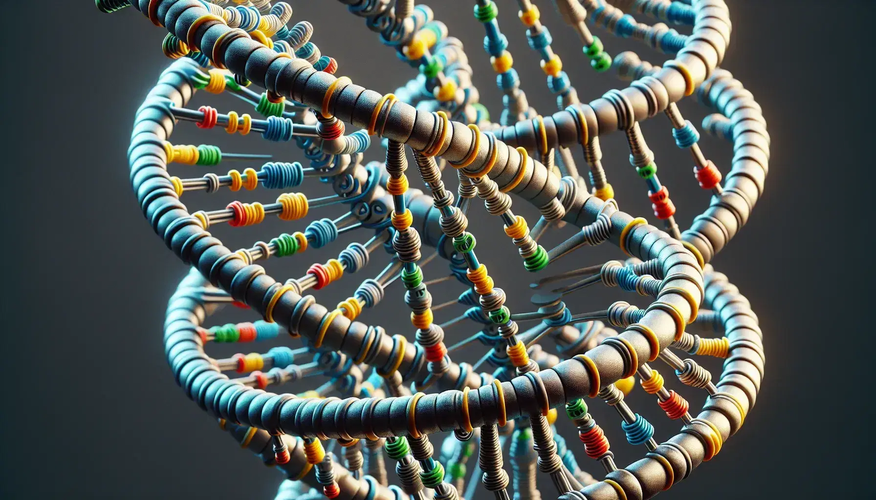 Detailed 3D model of DNA double helix with metallic silver sugar-phosphate backbone and color-coded bases: green adenine, red thymine, blue cytosine, yellow guanine.