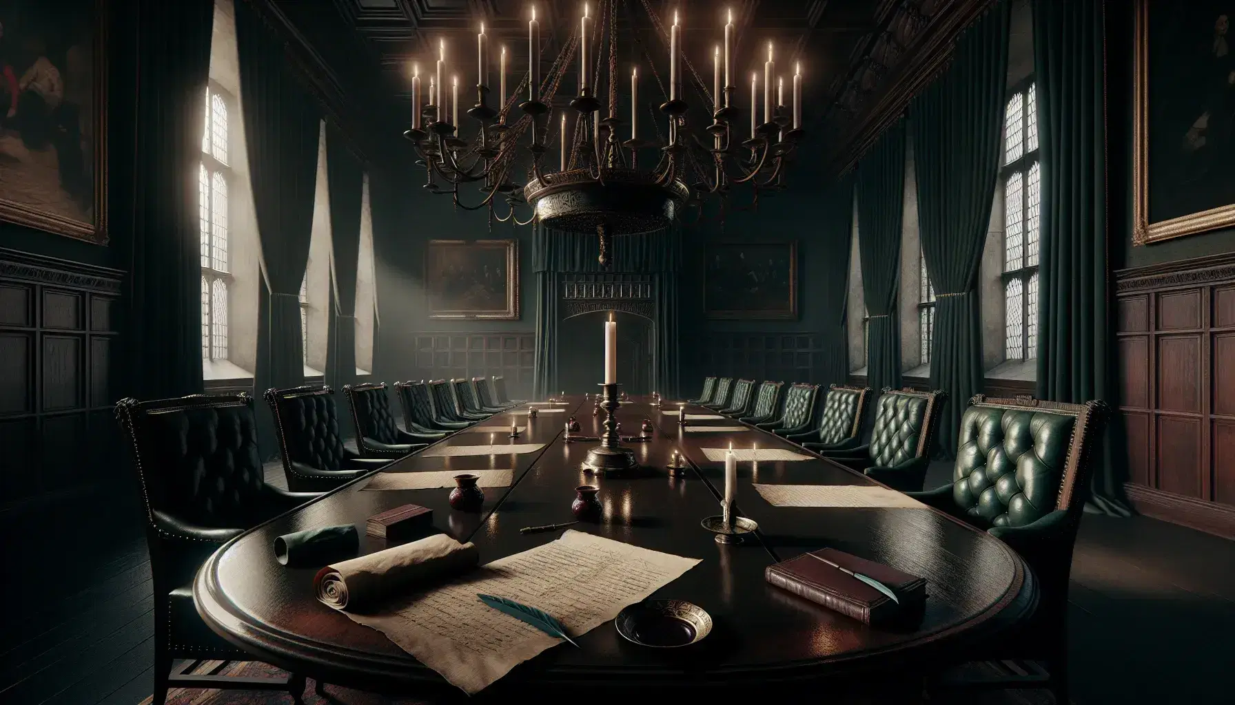 Elegant, dimly lit meeting room with a polished oval wooden table, green leather chairs, maroon drapes, quills, inkwells, and an unlit grand fireplace.