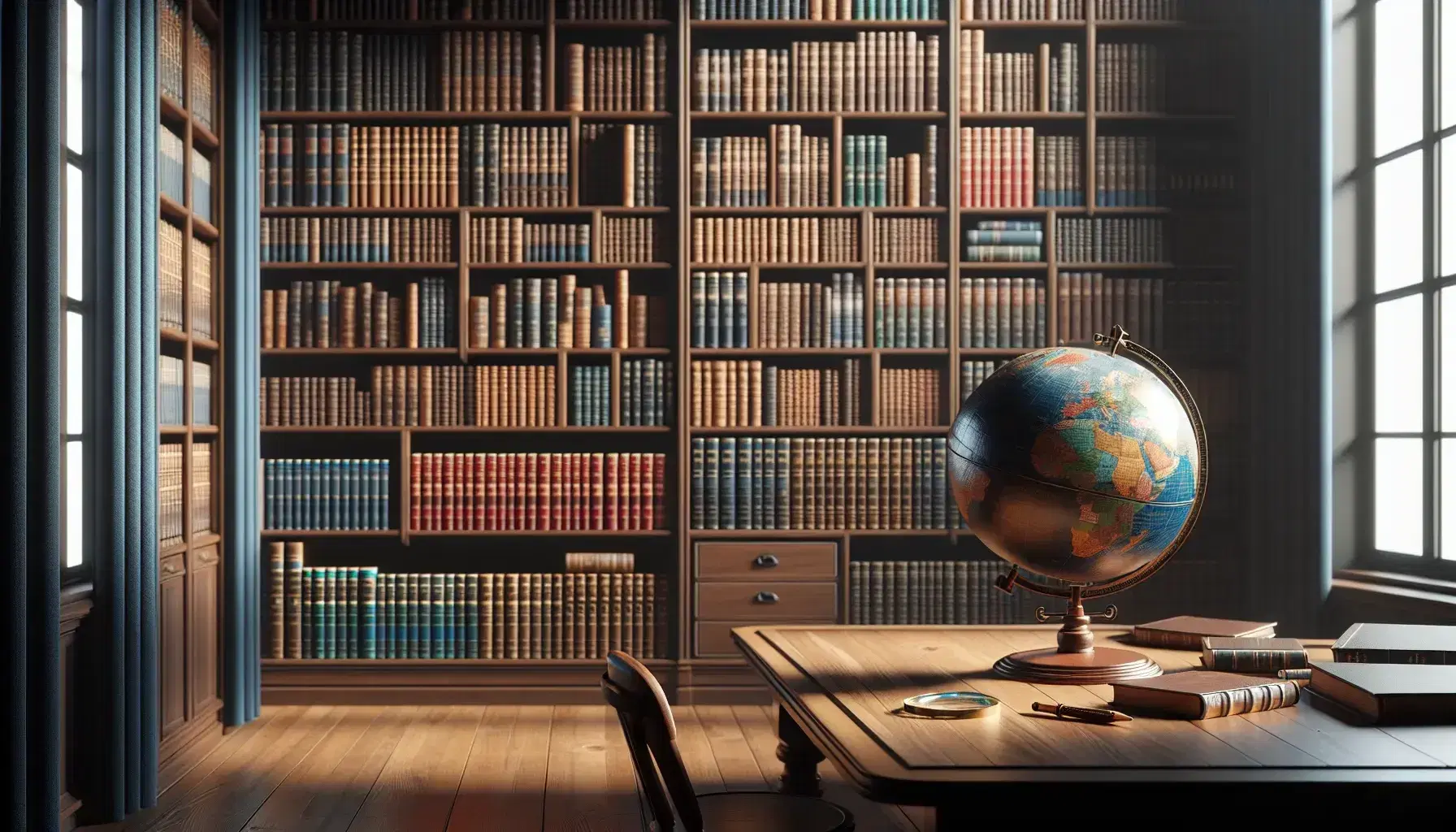 Biblioteca con estantes de madera oscura llenos de libros variados, mesa con globo terráqueo y lupa, iluminación cálida y acogedora.