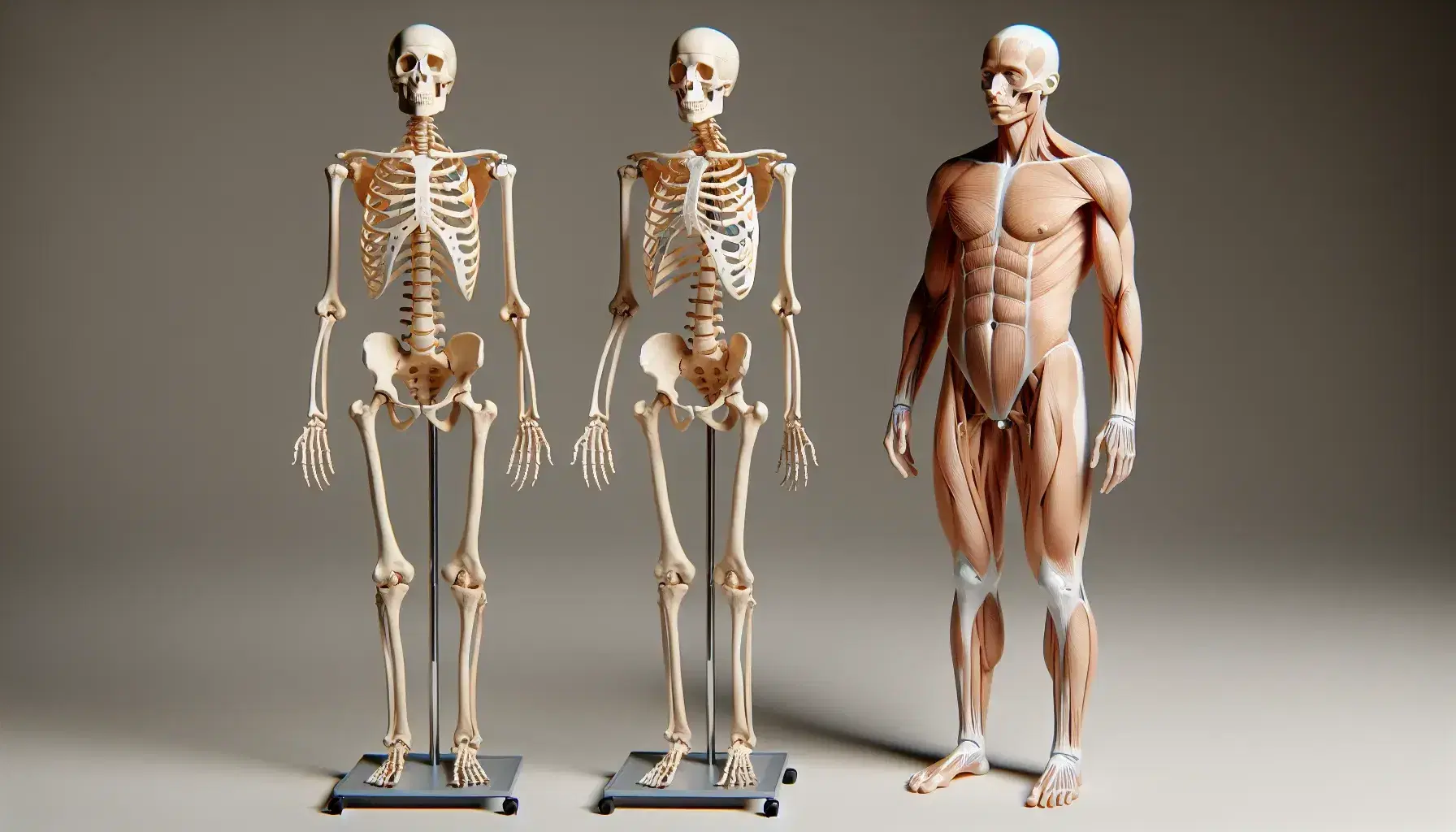 Esqueleto humano completo en vista frontal junto a figura anatómica masculina relajada, ambos sobre fondo neutro y sin distracciones, destacando la estructura ósea y muscular.