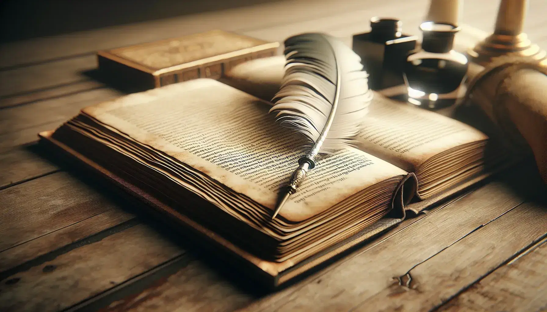 Antique open book with yellowed pages and unreadable quatrains on a wooden table beside a white feather quill and black stone inkwell.