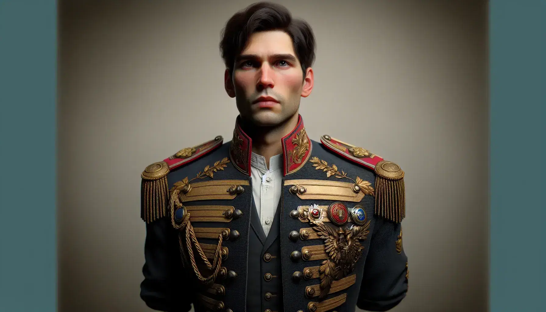 Uomo in posa frontale con giacca militare blu scuro, dettagli rossi e oro, decorazioni metalliche, camicia bianca, capelli castani, viso marcato e berretto nero con visiera.