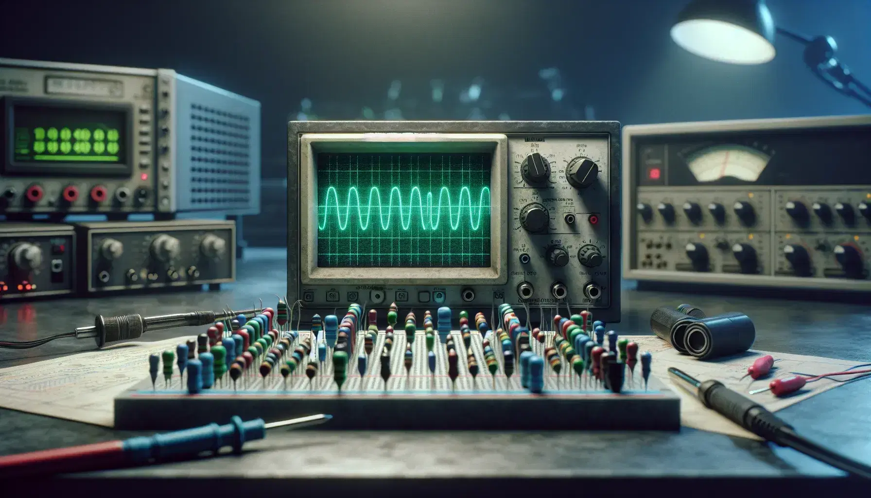 Laboratory bench with oscilloscope displaying green waveform, breadboard with colorful electronic components, and blurred background lab equipment.