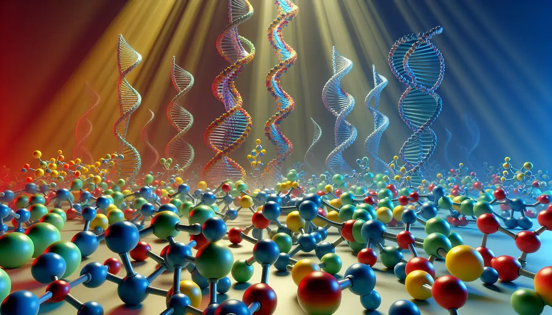 Modelos moleculares tridimensionales en colores vivos con estructura de doble hélice al fondo, representando conceptos de biología molecular.