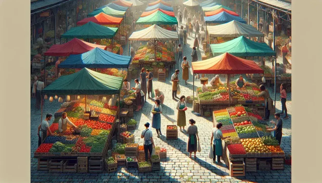 Mercado al aire libre con puestos de frutas y verduras frescas, vendedores atendiendo a clientes y gente caminando entre los coloridos toldos bajo la luz del día.