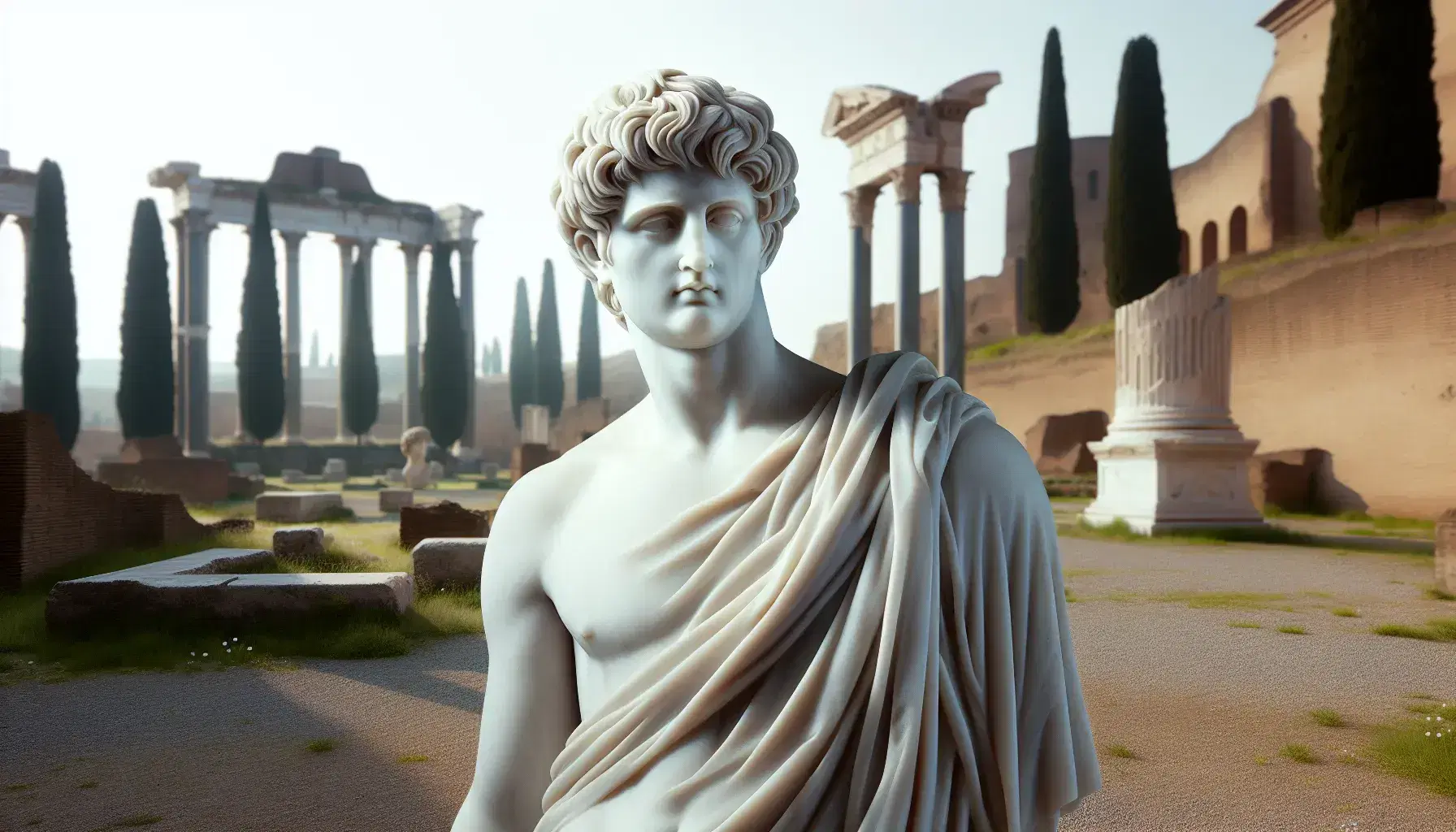 Statua in marmo bianco di poeta latino pensieroso con toga, su sfondo di cielo azzurro, cipressi e rovine romane.