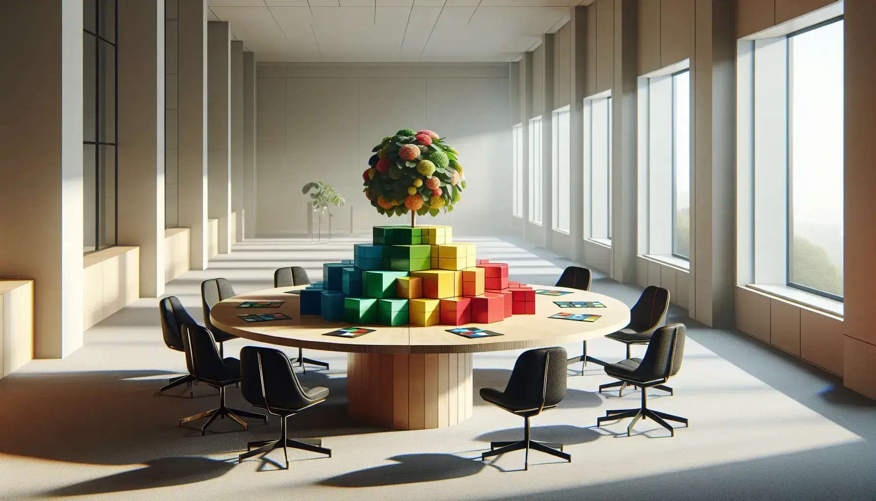 Round wooden conference table with organized piles of red, blue, green, and yellow blocks, ergonomic chairs, and a central vase with a green plant.