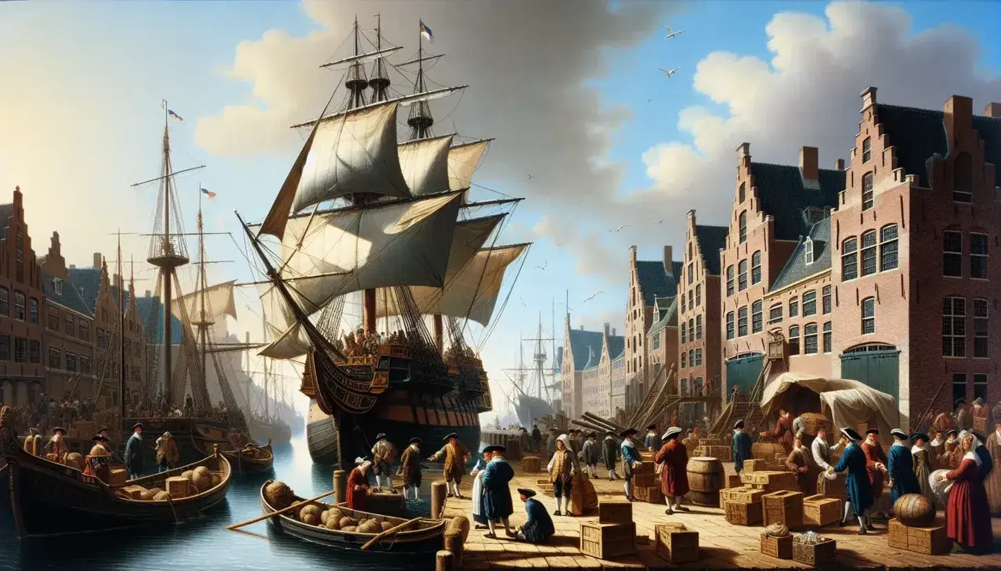 Porto marittimo del XVII secolo con nave mercantile olandese pronta a salpare, operai al lavoro e architettura tipica sullo sfondo.