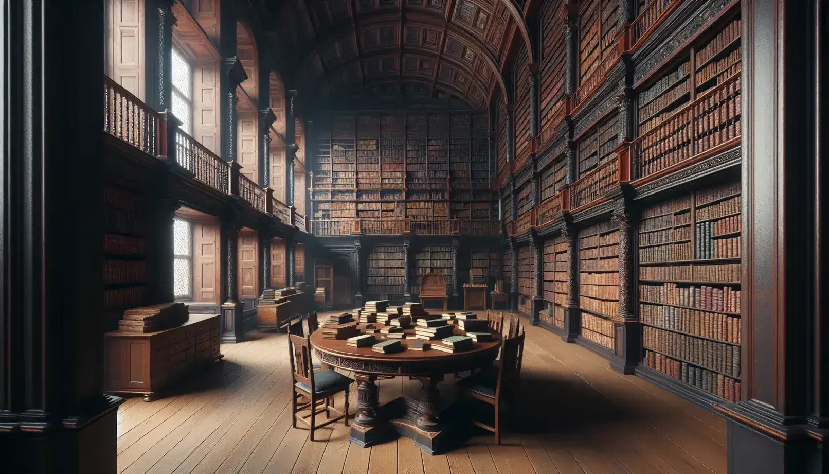 Biblioteca antica con scaffali in legno scuro pieni di libri, tavolo ovale al centro e luce soffusa dalle finestre alte.