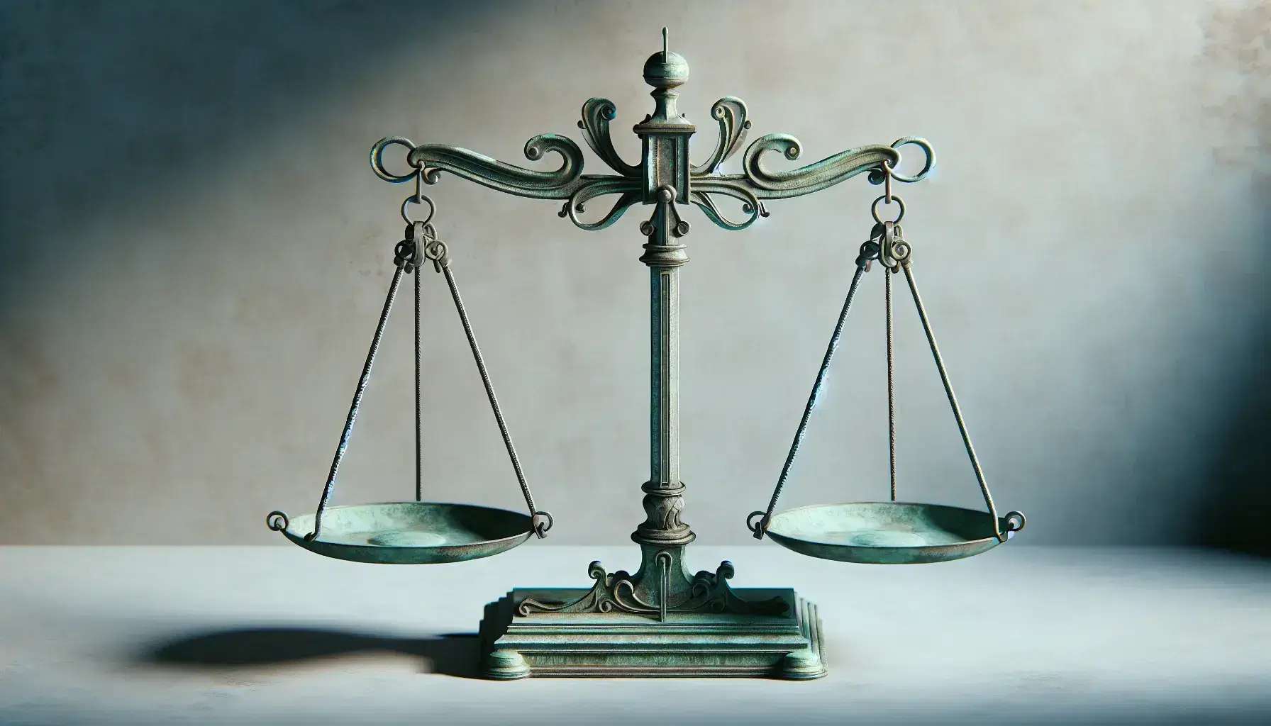 Bilancia antica in equilibrio con piatti simmetrici e barra orizzontale decorata, su sfondo neutro e tavolo in legno, senza oggetti.