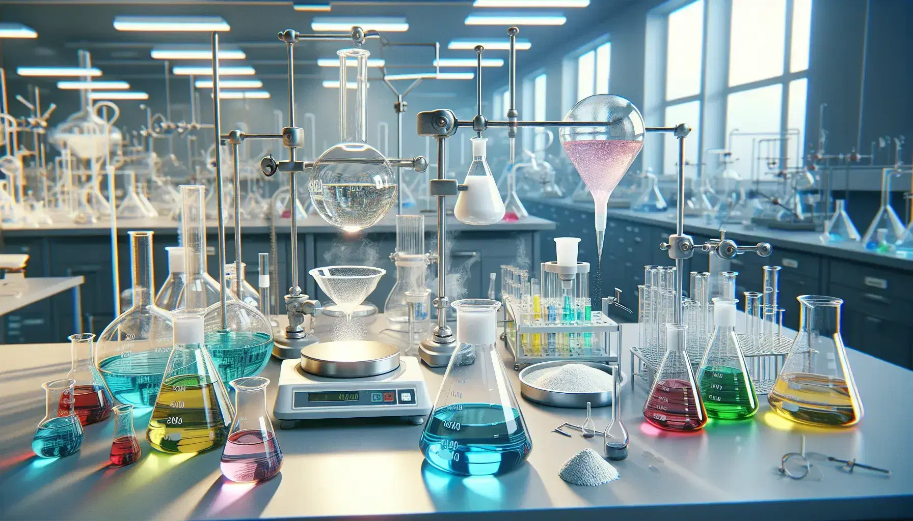 Laboratorio de química con mesa de trabajo y frascos Erlenmeyer con líquidos de colores, embudo de separación bícromo, balanza analítica y mechero Bunsen.