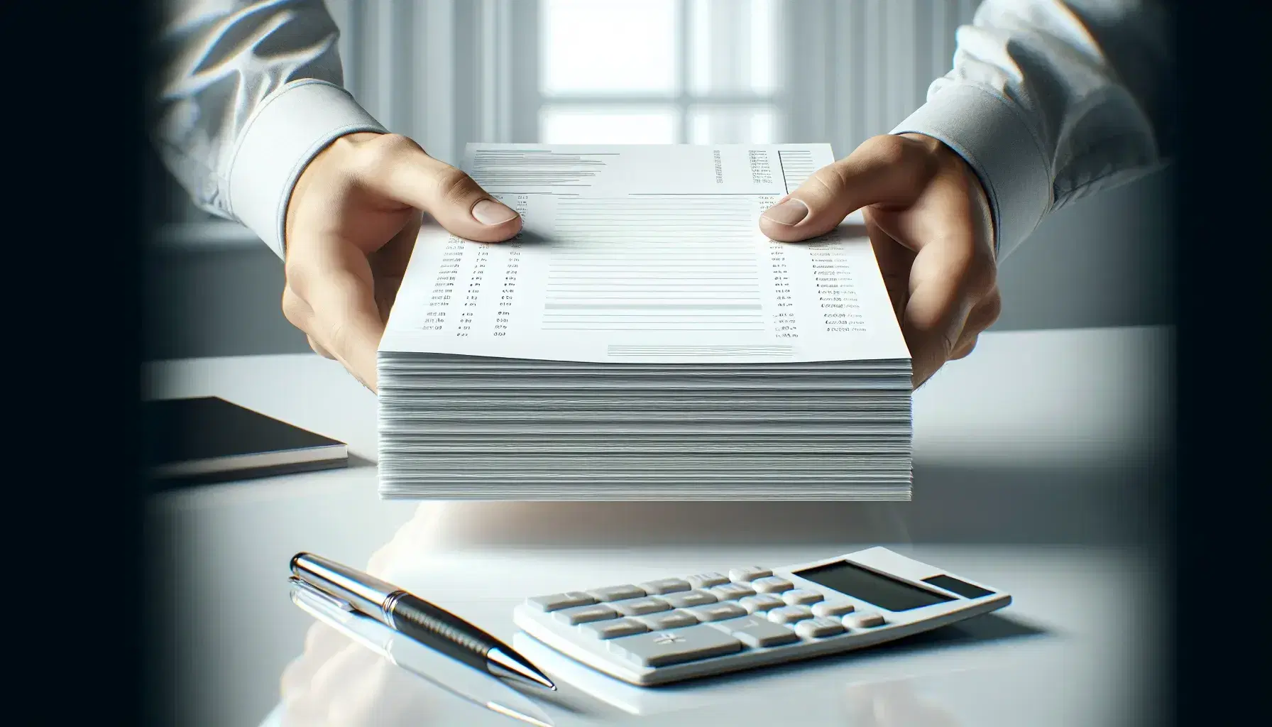 Close-up of hands holding a stack of new white invoices in a modern office, with a calculator and pen on a sleek desk, highlighting professionalism.