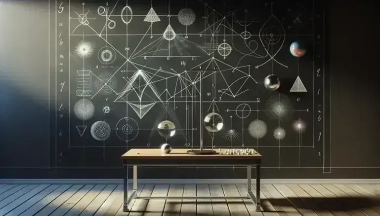 Pizarra con figuras geométricas y trayectorias en tiza, mesa de laboratorio con esferas metálicas, prisma de vidrio y péndulo.