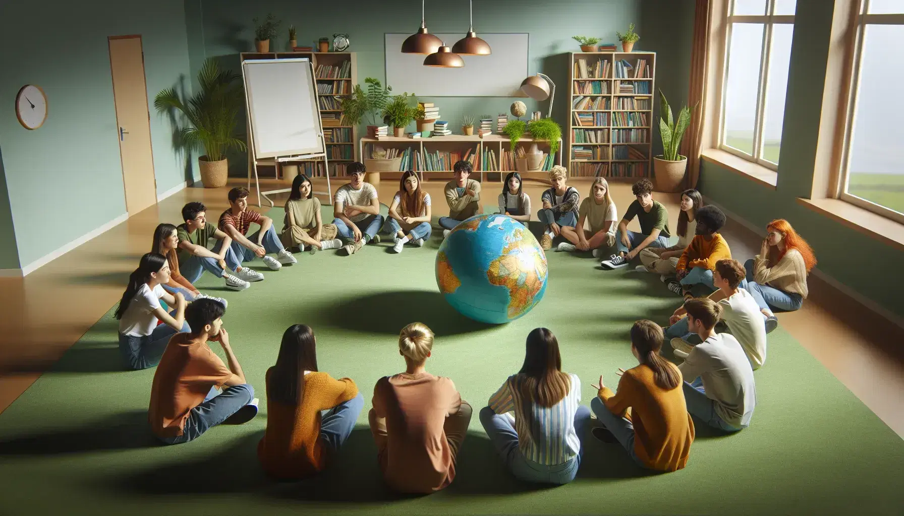 Grupo diverso de estudiantes sentados en círculo en el aula observando y señalando un globo terráqueo, con estanterías de libros y plantas al fondo.