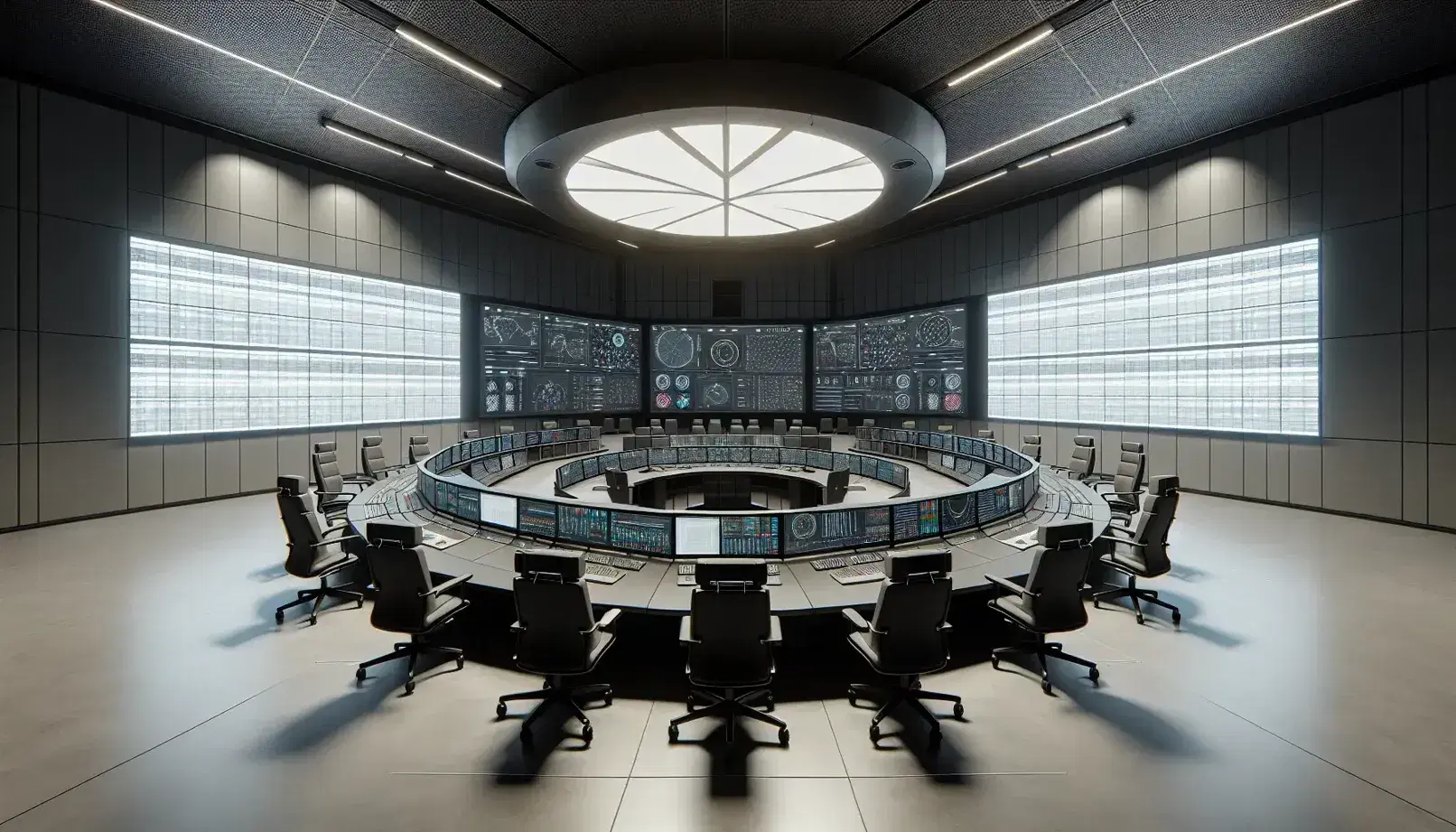 Centro de control con mesa redonda y sillas ergonómicas, pantallas de computadora mostrando gráficos, pantalla grande en la pared, pizarras blancas y planta interior.